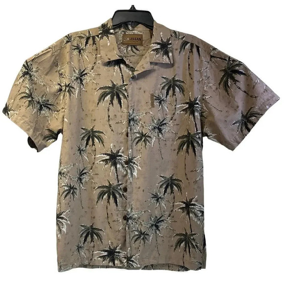 Magellan Sportswear Mens M Brown Hawaiian Tropical Palm Short Sleeves - Picture 1 of 12